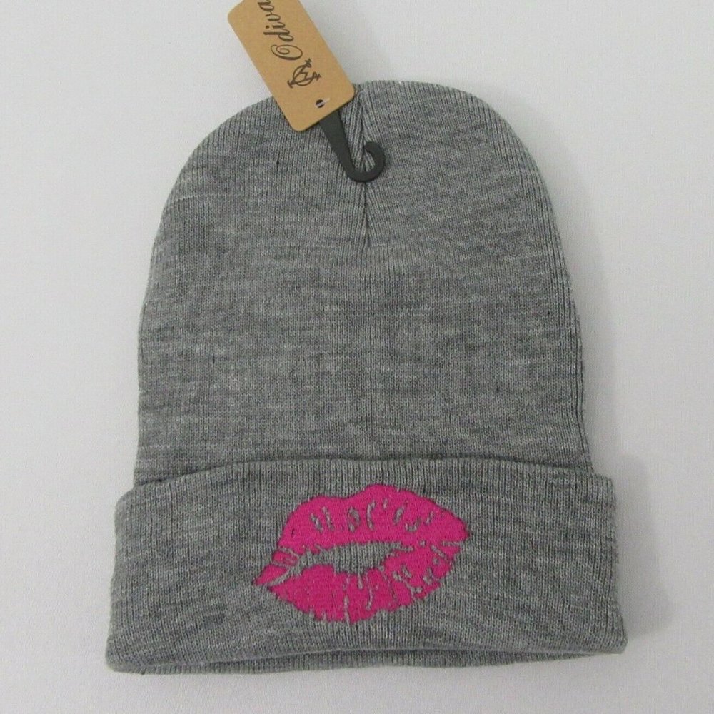 Odiva Beanie Grey Hat Pink Lips Beanie Cap